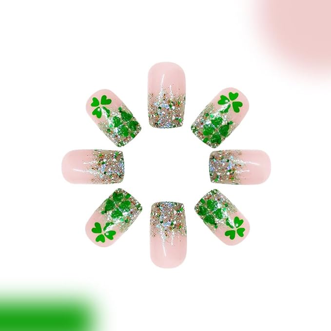 Short Square ABS Plastic French Tip Glitter False Nails, 24 Pack (1 Set), Green, 1 Fl Oz, Kit, Full Well Tips, Butterfly Pattern, Press-On-False-Nails