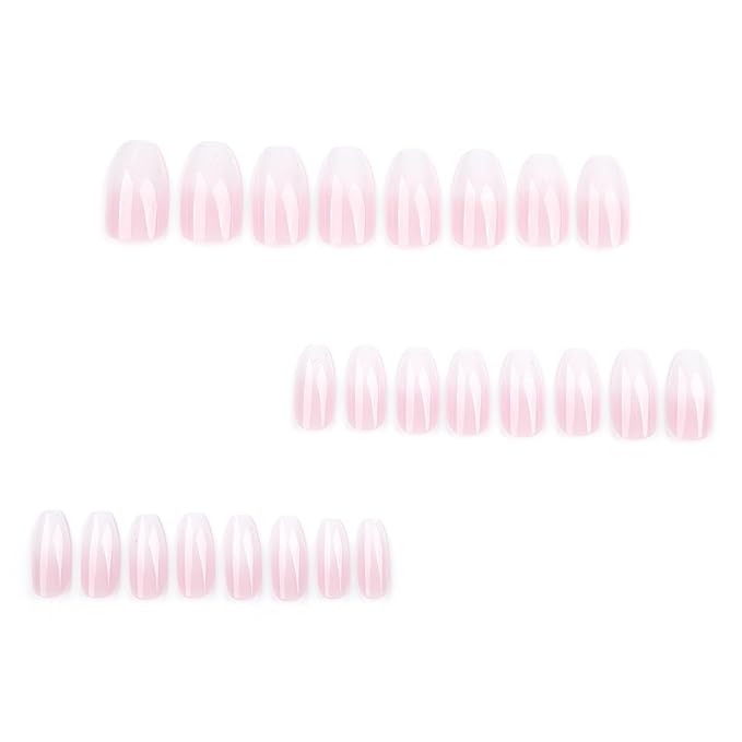 Coffin Press on Nails Medium Fake Nails Pink White Ombre False Nails with Designs Sparkly Artificial Nails Medium Glue on Nails Coffin Nail Press ons Cute Stick on Nails for Women 24Pcs