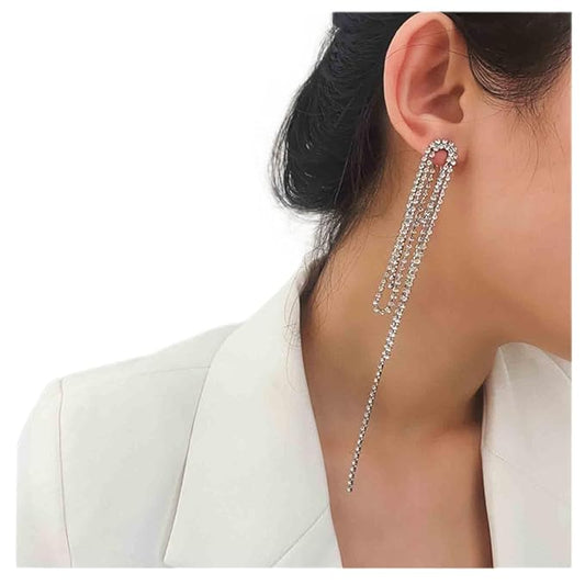 Rhinestone Tassel Ear Jacket Earrings Long Rhinestone Chain Earrings Silver Crystal Tassel Earrings Vintage Chandelier Chain Earrings Luxury Statement Earrings Jewelry for Women and Girls Gifts-VivaGrace Women