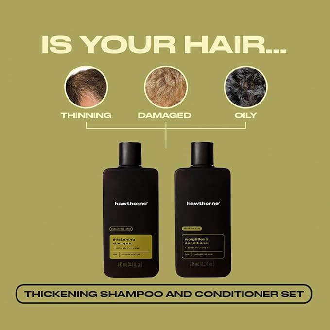 Hawthorne Men's Thickening Shampoo and Conditioner Hair Set. Includes Thickening Shampoo and Weightless Conditioner. Sulfate Free, Paraben Free. 8 Fl Oz Each.-VivaGrace Women