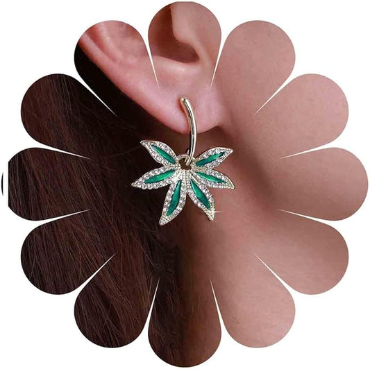 Vintage Emerald Pot Leaf Earrings Green Leaf Drop Earrings Green Marijuana Leaf Earrings Gold Cz Leaf Dangle Earrings Jewelry for Women-VivaGrace Women