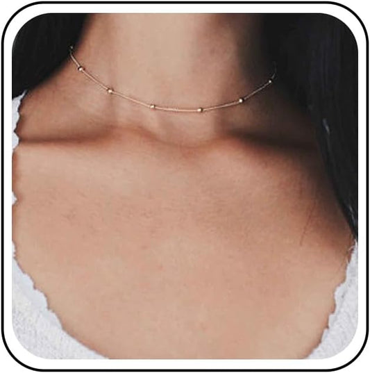 Boho Thin Beaded Choker Necklace Gold Station Ball Necklace Short Satellite Chain Necklace Everyday Minimalist Necklace Jewelry for Women and Girls-VivaGrace Women