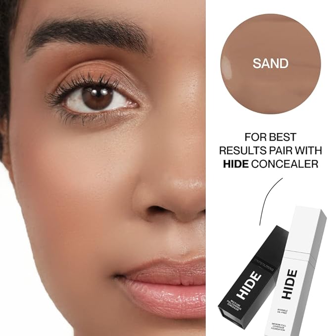HIDE PREMIUM Liquid Foundation, SEE SHADE FINDER Below For Perfect Match, Multi-Use Waterproof Foundation, Medium/Full Coverage Foundation, Oil Free – We Have a Shade For All Skin Types, 1 fl. Oz. (Sand)-VivaGrace Women