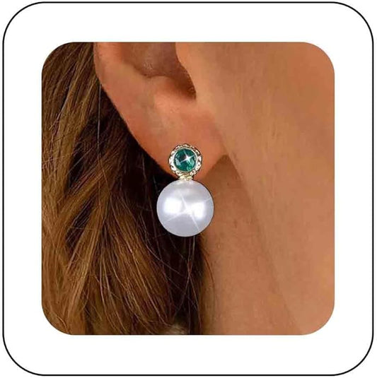 Vintage Emerald Pearl Earrings Gold Pearl Drop Earrings Green Emerald Studs Earrings Rhinestone Pearl Emerald Earrings Jewelry for Women-VivaGrace Women