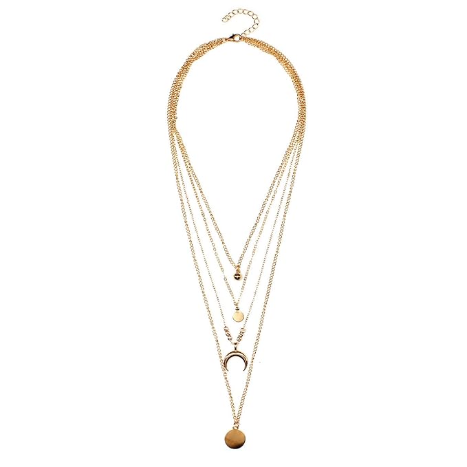 Bohemia Layered Coin Choker Necklace Moon Crescent Pendant Necklace Chain Gold Tiny Ball Necklace Multi Layer Disc Necklace Chain Jewelry for Women and Girls-VivaGrace Women