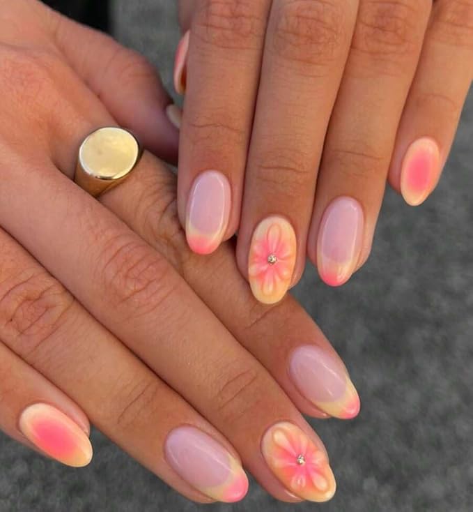 24Pcs Almond Press on Nails Flower Summer Fake Nails with 3D Floral Designs French Tip Pink Acrylic False Nails Cute Glue on Nails Medium Almond Nails Press ons for Women Girls