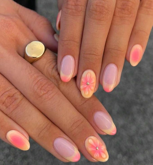 24Pcs Almond Press on Nails Flower Summer Fake Nails with 3D Floral Designs French Tip Pink Acrylic False Nails Cute Glue on Nails Medium Almond Nails Press ons for Women Girls