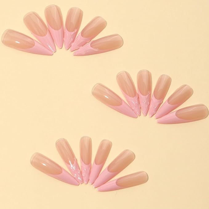 Pink French tips Press on Nails Long Stiletto Fake Nails with Design Water Ripple Glue on Nails Glossy Spring Nails Reusable Summer False Nails for Women Girls Manicure 24pcs
