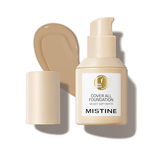 MISTINE Full Coverage Foundation Makeup for Oily Skin,24 Hour Oil Control Liquid Foundation,Skin-Caring,Moisturizing Formula,Cream Foundation,Matte Finish,Natural Beige,1 Fl Oz-VivaGrace Women