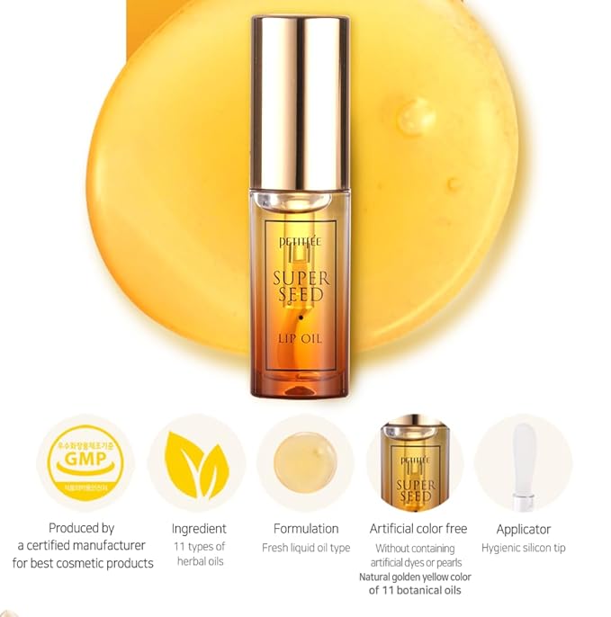 PETITFEE Lip Oil Super Seed | 0.10 Oz | Glass Lip, Healthy Lip Care, Moisturizing Lip Oil with Honey, Propolis, Herbal Oil, Glowy, Revitalizing, Calming Lip, Non-sticky, Non-artificial Colors-VivaGrace Women
