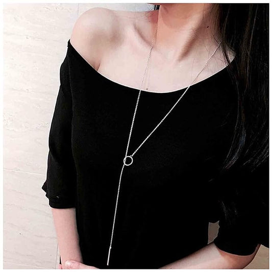 Boho Circle Bar Lariat Necklace Silver Drop Bar Y Necklace Open Circle Necklace Long Vertical Bar Necklace Chain Jewelry for Women and Girls Gifts-VivaGrace Women