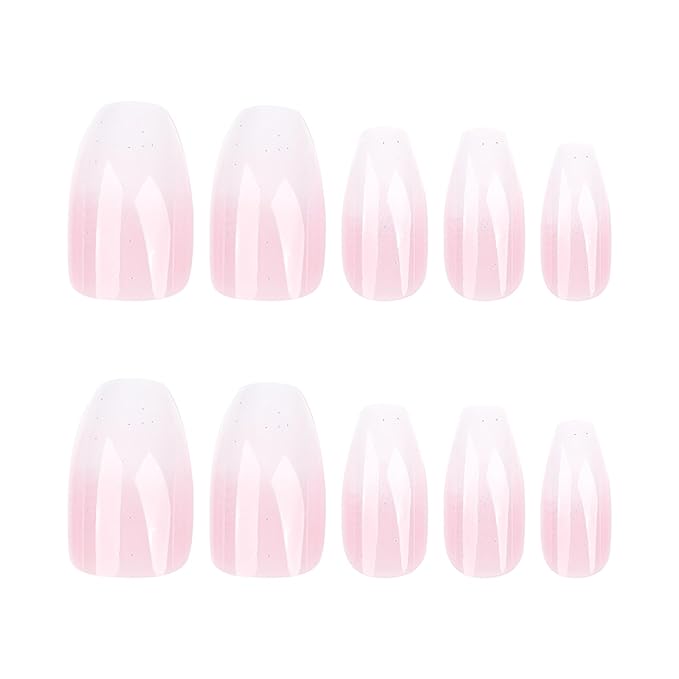 Coffin Press on Nails Medium Fake Nails Pink White Ombre False Nails with Designs Sparkly Artificial Nails Medium Glue on Nails Coffin Nail Press ons Cute Stick on Nails for Women 24Pcs