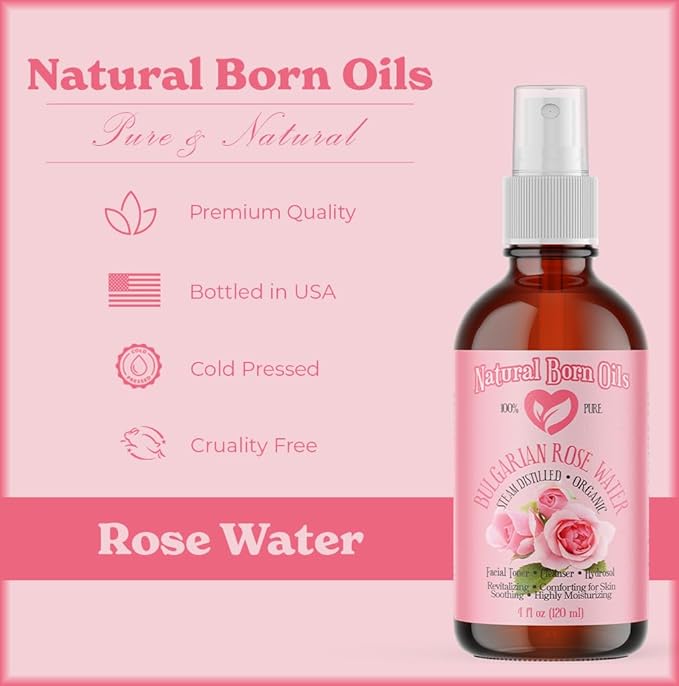 Natural Born Oils 8oz Rose Water Hydrosol, 100% Pure and Natural, Organic, Steam-distilled, Facial Toner Cleanser, with Sprayer, 8-Rose-Water-VivaGrace Women