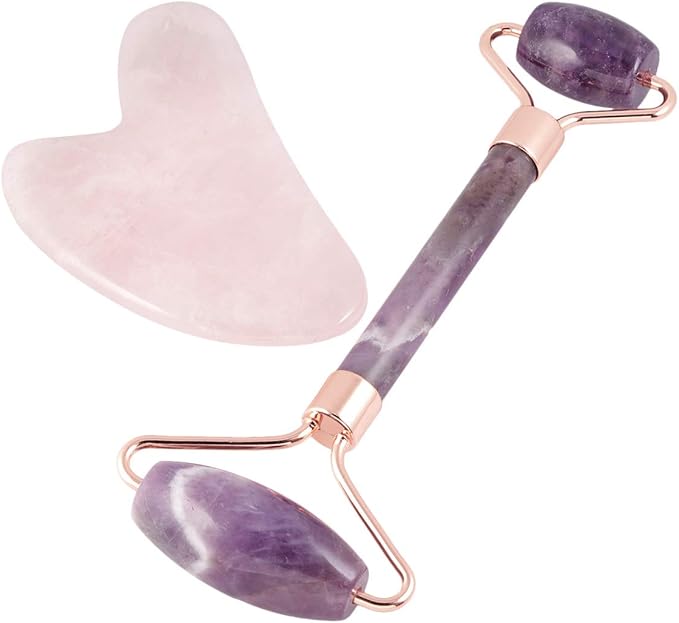 mookaitedecor Amethyst Roller & Rose Quartz Gua Sha Scraping Massage Tool Set, Face Massager for Wrinkles, Anti Aging-VivaGrace Women