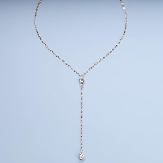 Boho Crystal Y Drop Necklace Choker Gold Long Y Necklace Chain Minimalist Cz Lariat Necklace Classic Simple Y Lariat Necklace Jewelry for Women and Girls Gifts-VivaGrace Women