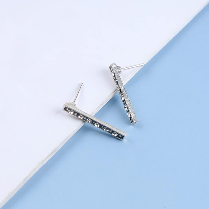 Geometric Crystal Bar Earrings Silver Cz Bar Stick Earrings Cz Rhinestone Bar Stud Earrings Silver Minimalist Earrings Jewelry for Women and Girls-VivaGrace Women