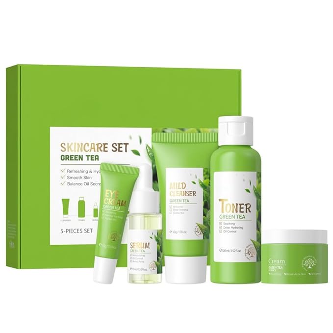 Skin Care Set, Green Tea Skin Care Sets & Kits, Skin Care for Teenage Girls Gift Set with Cleanser, Toner, Serum, Eye Cream, Facial Cream, Facial Skin Care Sets & Kits for Teenage Girls Women-VivaGrace Women