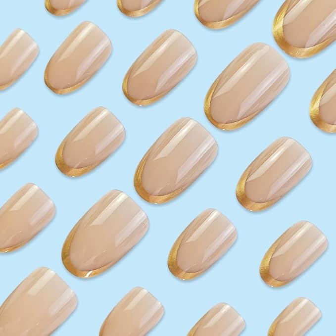 French Tip Press On Nails Short Ovale 24 Pcs, Gold Tip Designer Reusable Acrylic Fake Nails with Glue On Nails, Glossy Soft Gel Nails Wedding and Party, Stick On Nails for Women Gift