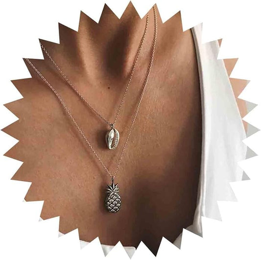 Boho Layered Shell Pineapple Choker Necklace Silver Seashell Pendant Necklace Vintage Cowrie Shell Necklace Beach Charm Necklace Jewelry for Women Gifts-VivaGrace Women