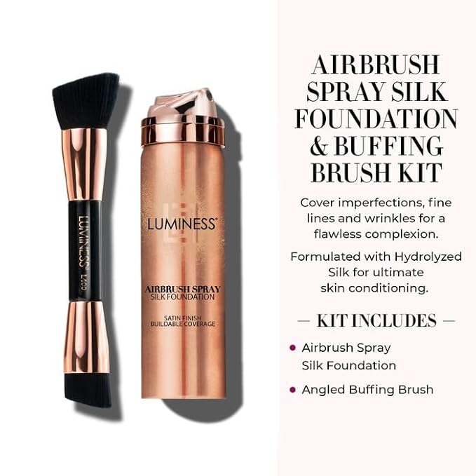 LUMINESS Silk Airbrush Spray Foundation & Buffing Brush Kit – Full Coverage Foundation & Dual-Sided Buffing Brush - Buildable Coverage, Anti-Aging Formula Hydrates & Moisturizes (Shade - Tan)-VivaGrace Women