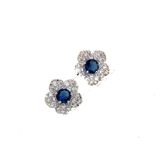 Boho CZ Flower Studs Earrings Silver Crystal Earrings Blue Flower Earrings Studs Wedding Earrings Jewelry for Women and Girls-VivaGrace Women