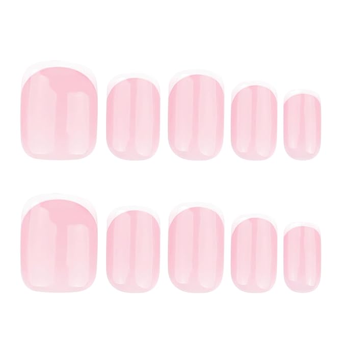 24Pcs Short Square Press on Nails Nude Pink Fake Nails with Jelly Glue White French Tip False Nail Glossy Artificial Finger Manicure Reusable Natural Fashion Nail Tips for Women