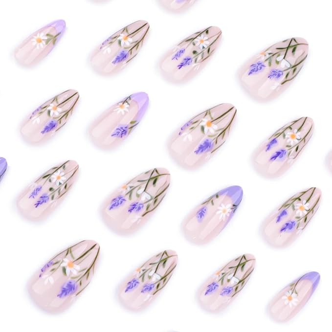 Flower Daisy Press on Nails Short Square False Nails with Purple French Tips Design Lavender Fake Nails Spring Stick on Nails Glossy Reusable Summer Glue on Nails for Women Girls Manicure 24Pcs
