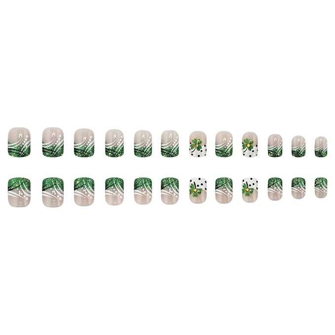 24Pcs Green Glitter French Tip Press on Nails Short Square Fake Nails Clover St. Patrick's False Nails for Women Spot Nude Pink Artificial Nails Full Cover Stick on Nails Glue on Nails