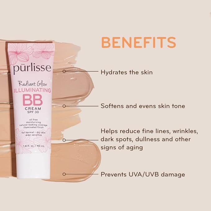 pūrlisse Radiant Glow Illuminating BB Cream with SPF 30 - Glow BB Cream Enriched with Goji & Hawthorn Berry for Dewy Skin - Helps to Improve Skin Texture & Radiance - Light (1.4 oz)-VivaGrace Women