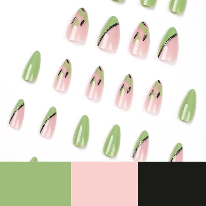 Green Press on Nails Medium Almond Fake Nails with Design Green Leaf Glue on Nails Cute False Nails Glossy Nails Tips Full Cover Acrylic Stick on Nails for Women Girls Manicure 24pcs