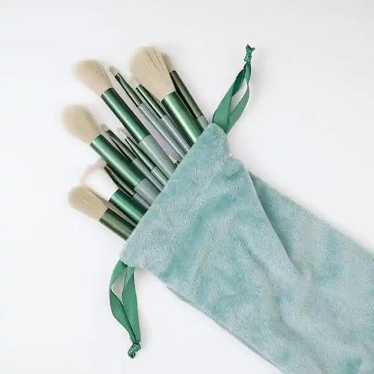 Foundation Makeup Brush Set Kit | 13 Pcs Premium Synthetic Kabuki Eye Shadows Make Up Brushes + 1 Sponge + 1 Brush Bag for Travel and Home Use (GREEN)-VivaGrace Women
