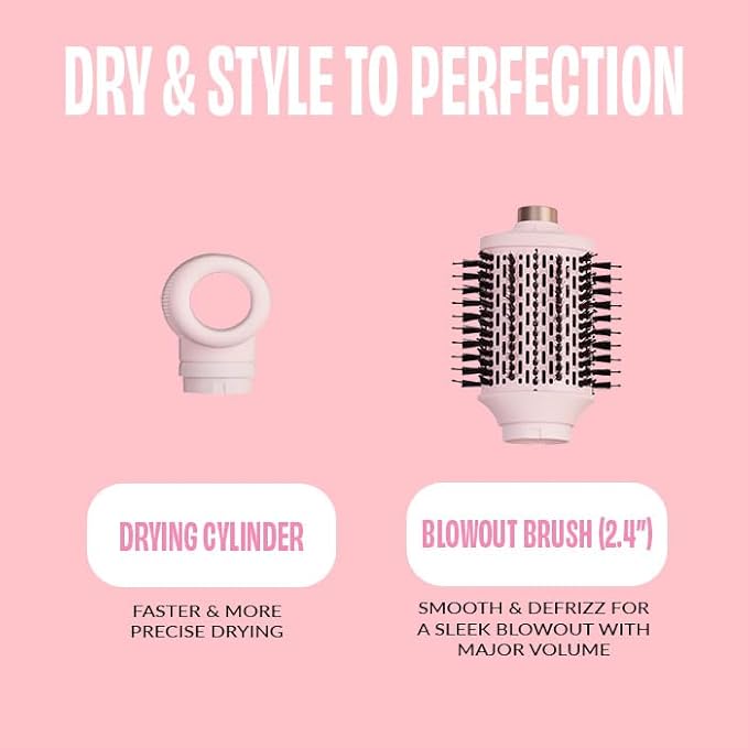 FoxyBae Super Styler Pro Interchangeable 5 in 1 Hair Styler Wand Curling Iron Set - w/Drying Cylinder, Ceramic Blowout & Round Brushes, 2 Auto-Wrap Curlers - Frizz-Free, Smooth Hair [Blush]-VivaGrace Women