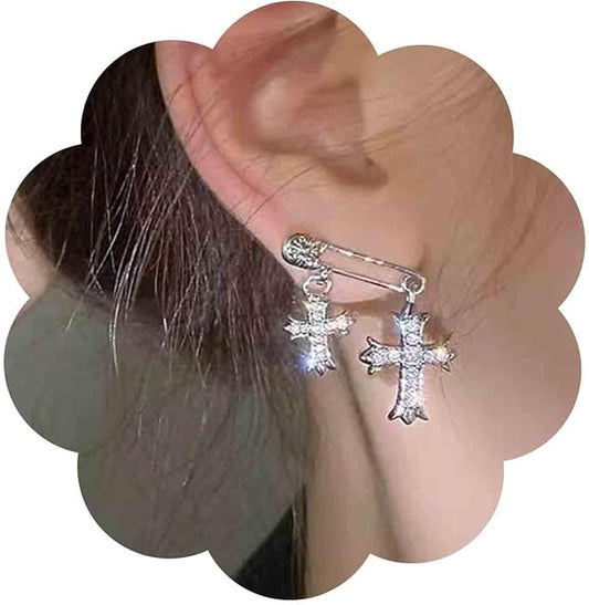 Vintage Crystal Cross Drop Earrings Rhinestone Cross Stud Earrings Silver Paperclip Earrings Sparkly Cz Crucifix Earrings Jewelry for Women-VivaGrace Women