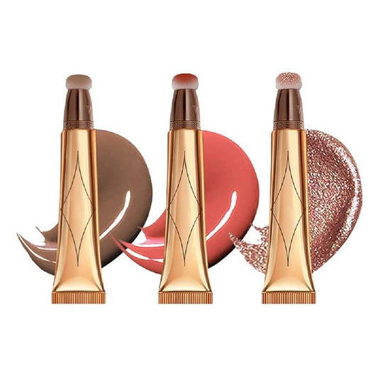 3 Color Contour Beauty Wand, Highlighter ，Face Concealer Contouring with Cushion Applicator Long Lasting & Smooth Matte Finish Liquid Illuminator Makeup Stick .(01 Contour+03 Cherry Red +05 Bronze Gold)-VivaGrace Women