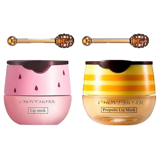 2 Pack Nourishing Lip Balm Honey Pot, Moisturizing Honey & Strawberry Propolis Lip Mask, Hydrating & Prevention Dry and Cracked Lip Scrubs Exfoliator Lip Sleeping Mask Reduces Lip Lines-VivaGrace Women
