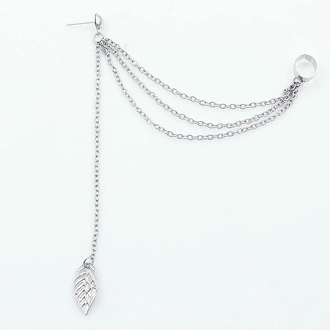 Boho Leaf Cuff Chain Earrings Silver Dangle Chain Earrings Cartilage Helix Earrings Cuff Helix to Lobe Chain Earrings Jewelry for Women and Girls-VivaGrace Women