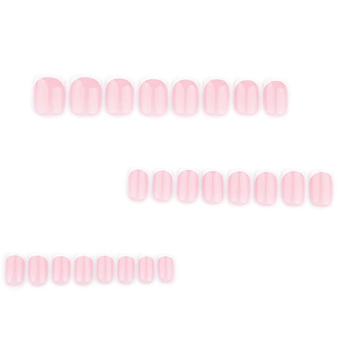 24Pcs Short Square Press on Nails Nude Pink Fake Nails with Jelly Glue White French Tip False Nail Glossy Artificial Finger Manicure Reusable Natural Fashion Nail Tips for Women