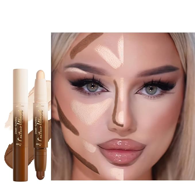 2in1 Cream Contour Highlighter Stick, Neutral Bronzer Makeup Sticks, Applies Dual-Ended Sculpting Stick for Face Body, Long Lasting Waterproof No Smudging, Suitable for Makeup Beginners-Fair-VivaGrace Women