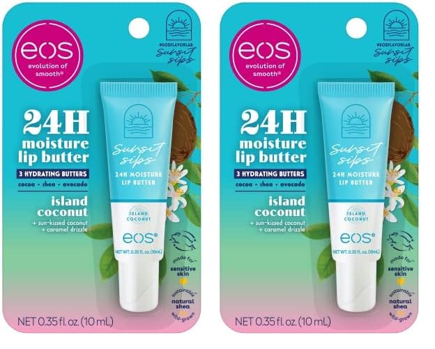 eos Sunset Sips Lip Butter Tube- Island Coconut, 24-Hour Moisture, Overnight Lip Mask, Lip Care Products, 0.35 fl oz (Pack of 2)-VivaGrace Women