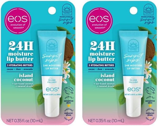 eos Sunset Sips Lip Butter Tube- Island Coconut, 24-Hour Moisture, Overnight Lip Mask, Lip Care Products, 0.35 fl oz (Pack of 2)-VivaGrace Women