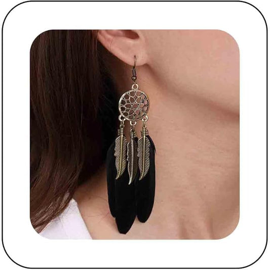 Boho Black Feather Dangle Earrings Long Feather Tassel Earrings Vintage Tribal Feather Earrings Gold Feather Drop Earrings Jewelry for Women-VivaGrace Women