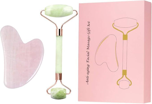 Rockcloud Natural Crystal Jade Roller and Gua Sha Scraping Set Massager Tool for Anti Aging Beauty Neck Body Reduce Wrinkles Facial Massager Therapy Xiuyan Jade and Rose Quartz Crystal Stone-VivaGrace Women