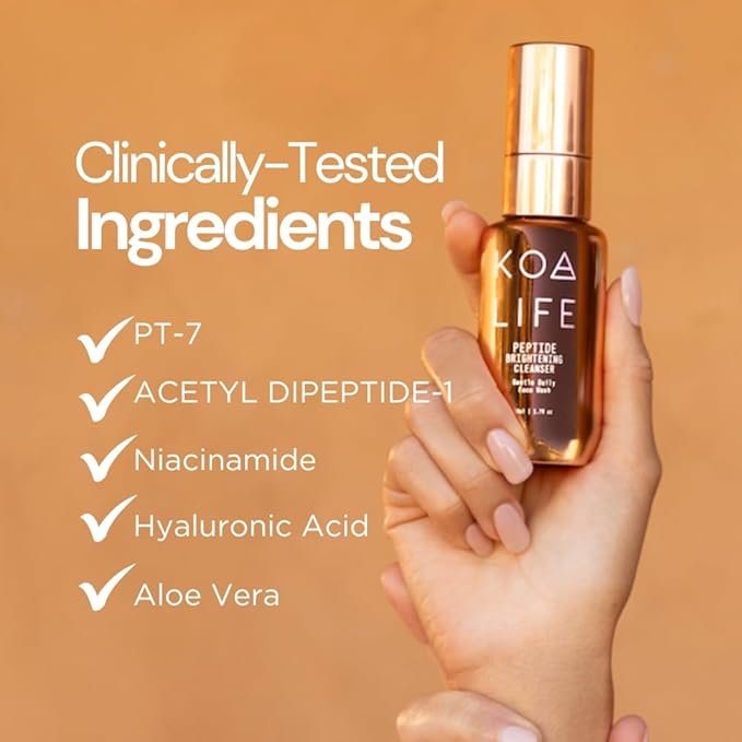 KOA LIFE Daily Gentle Peptide Facial Cleanser. Hydrates and anti-ages. In a metallic copper glass pump bottle and metallic copper outer cylinder carton