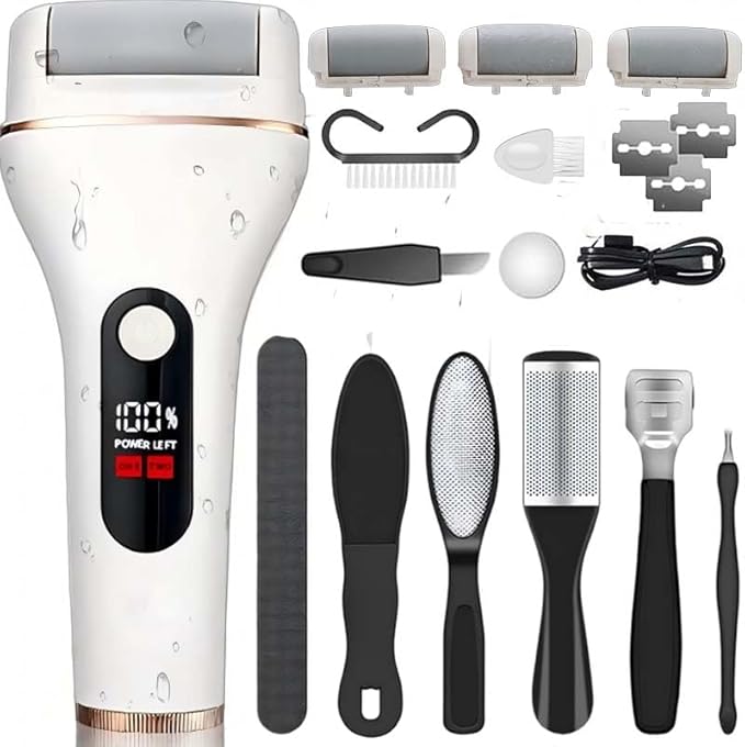 Electric Foot Callus Remover, Portable Electric Foot File with 15 in 1 Professional Pedicure Kits,Rechargeable Pedicure Tools for Foot Care, Waterproof Remover Cracked Feet & Dead Skin, Gift (White)-VivaGrace Women