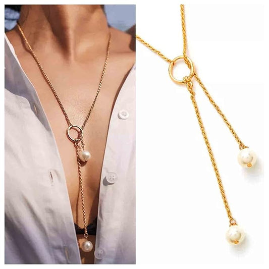 Boho Pearl Lariat Necklace Gold Chunky Chain Y Necklace Pearl Tassel Necklace Long Necklaces for Women and Girls Prom Bridal Necklace Jewelry-VivaGrace Women