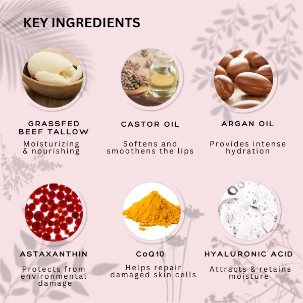 Tallow Lip Balm - Anti-Aging with 100%-grassfed Beef Tallow, CoQ10, Astaxanthin, Hyaluronic acid - Ultra Moisturizing, Conditioning, All natural, Organic, Made in USA (Peony)-VivaGrace Women