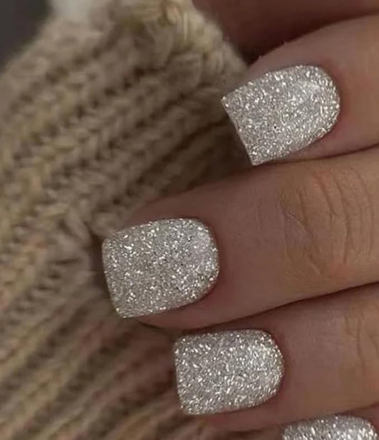 Curvlife Press on Nails Acrylic Fake Nails with Design Full Cover False Nails Reusable Nail Kit with Nail Glue Adhesive Tabs Nail File Artificial Glue on Nails (Silver with glitter, 30pcs)