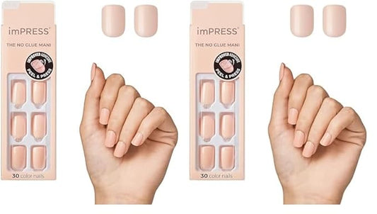 KISS imPRESS No Glue Mani Press On Nails, Color, 'Peevish Pink', Pink, Short Size, Squoval Shape, Includes 30 Nails, Prep Pad, Instructions Sheet, 1 Manicure Stick, 1 Mini File (Pack of 2)