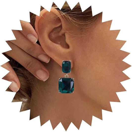 Vintage Emerald Square Earrings Green Emerald Drop Earrings Geometric Emerald Earrings Luxury Wedding Green Crystal Stud Earrings Jewelry for Women-VivaGrace Women