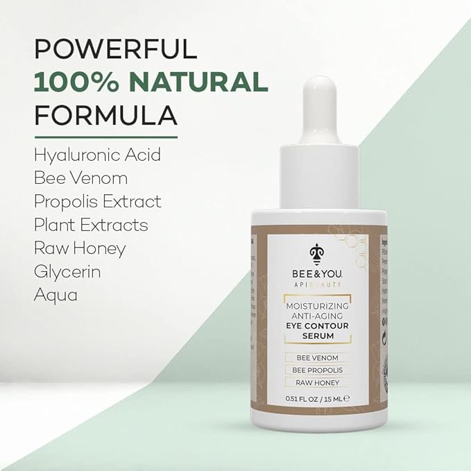 BEE and YOU Eye Cream, Anti Aging, Anti Wrinkle Serum 100% Natural with Bee Venom, Propolis Extract, Raw Honey, Hyaluronic Acid, For Dark Circles Under Eye Treatment and Puffiness, Skin Care, 15ml-VivaGrace Women